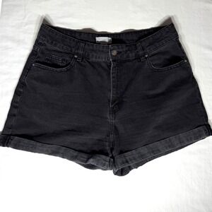 HM Womens High Waisted Denim Shorts Washed Black Cuffed Size 14 Casual Summer